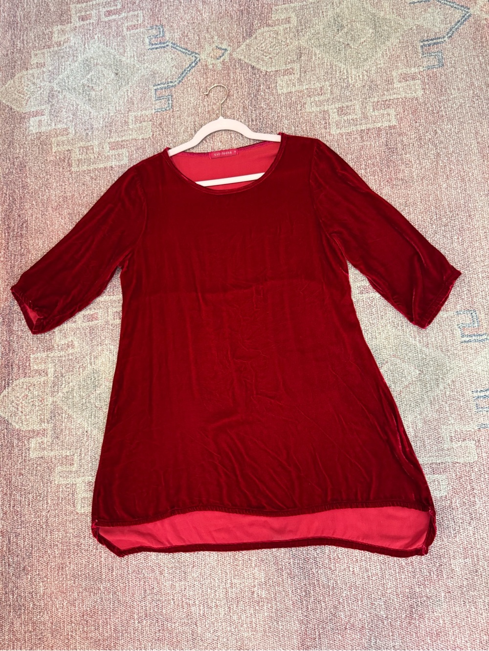 Cut Loose red velvet tunic top with 3/4 sleeves and a scoop neck size small